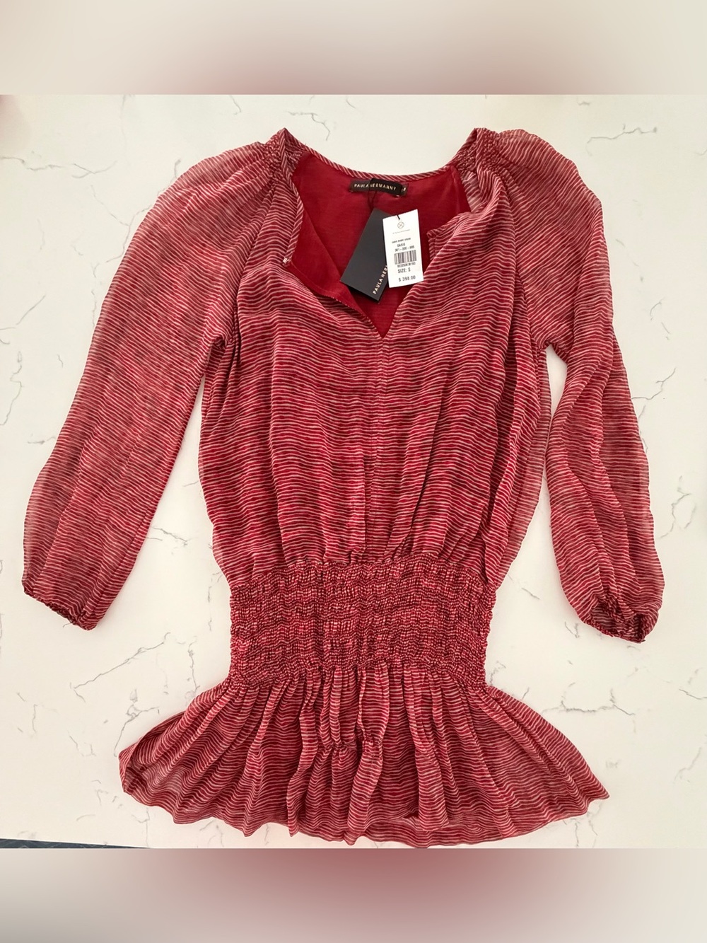 Paula Hermanny Oasis 100% Silk Red Smocked Puff Sleeve Mini Dress S NWT